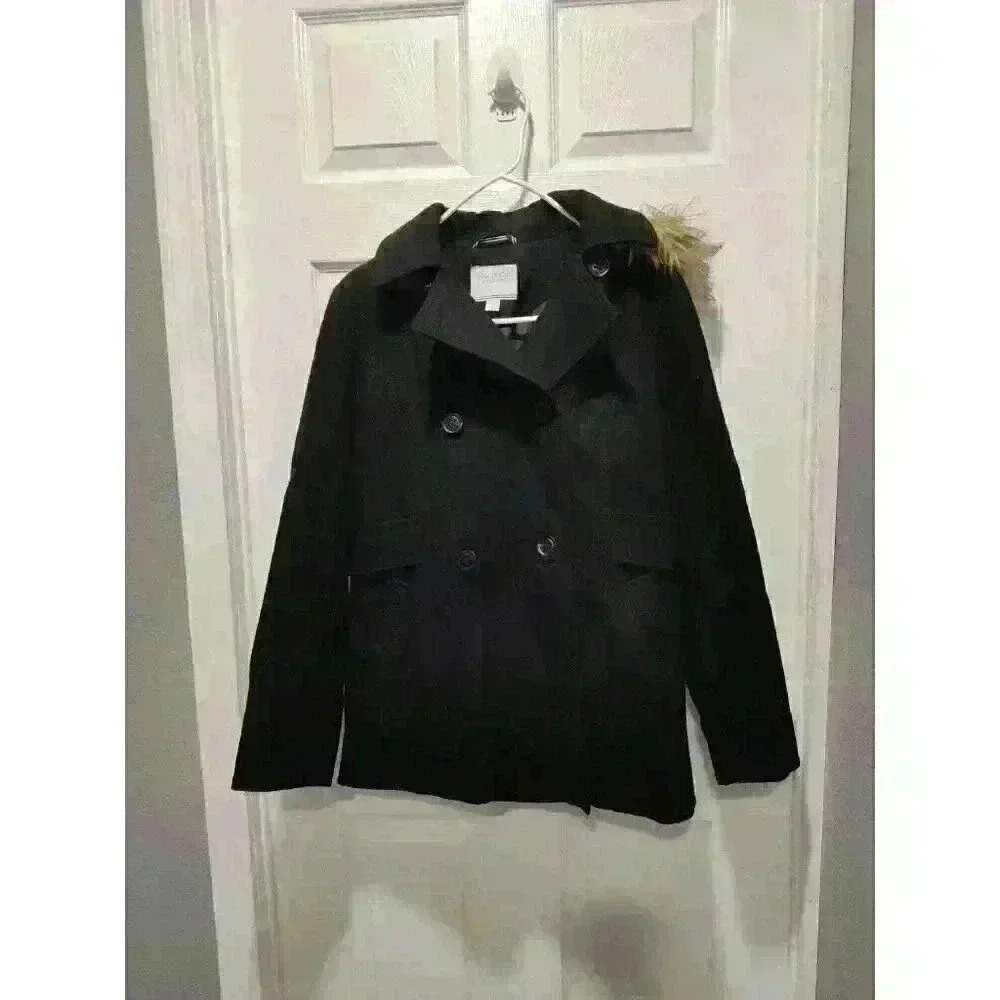 Nautica Women's Faux Fur Trim Hood 60% Wool Black PEACOAT Size Medium EUC